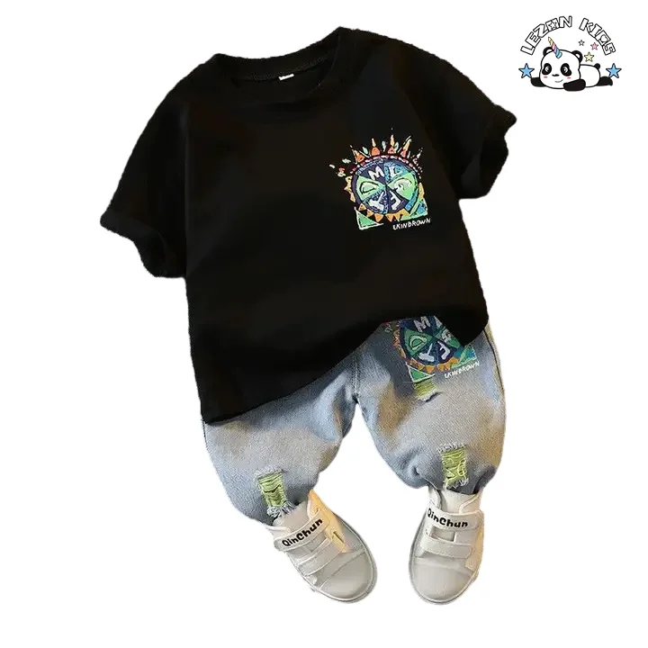 LEZONKIDS - Wholesale Private Label Fashionable Sports Short Sleeved Two-piece Set Kids Boys Casual Clothing Sets